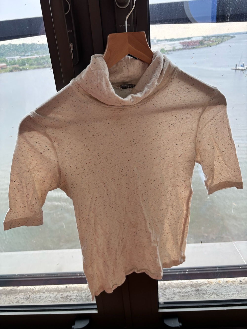 Cream Speckled Short-Sleeve Turtleneck Top